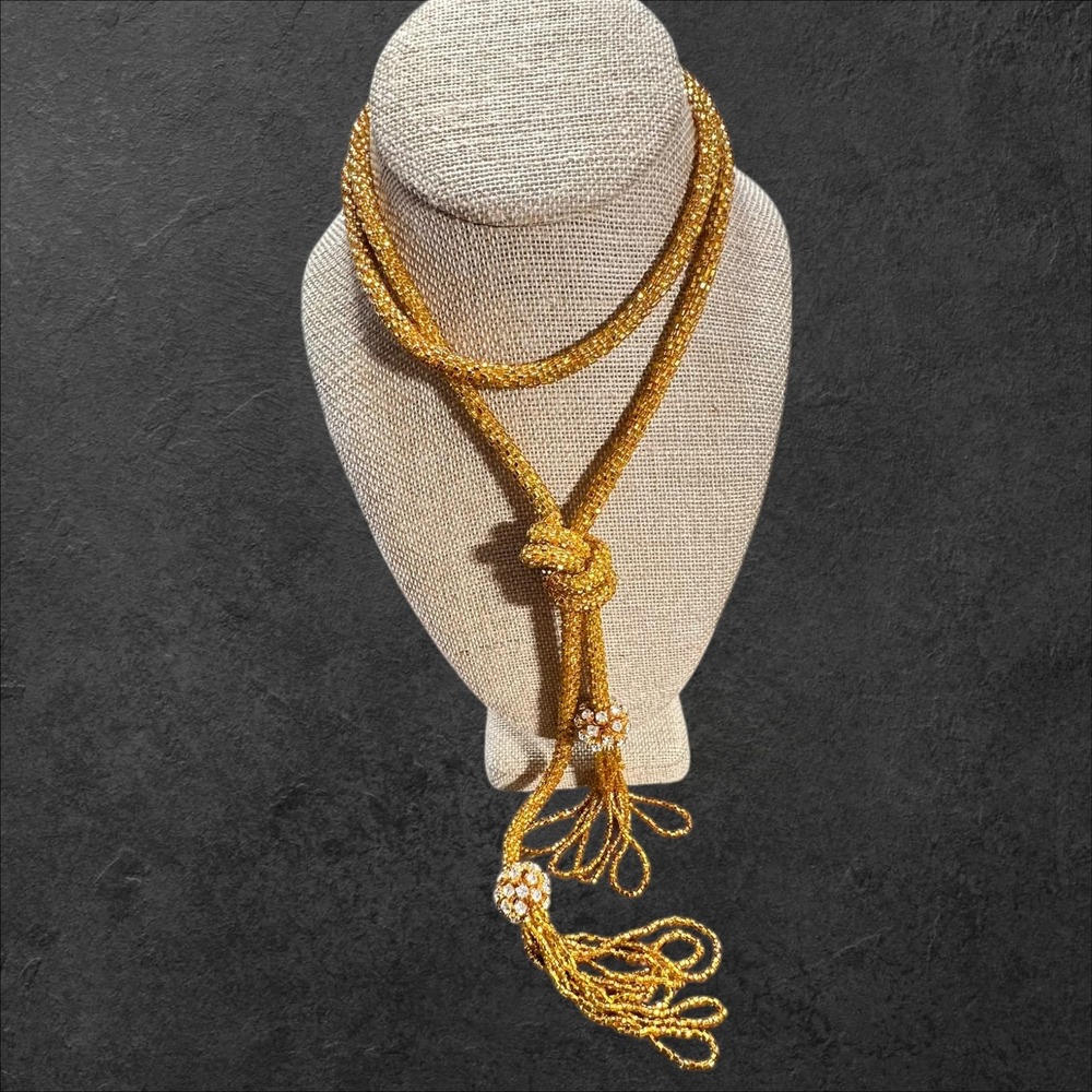 Vintage Style Gold Beaded Rope Necklace w Rhinestone Accents 28"
